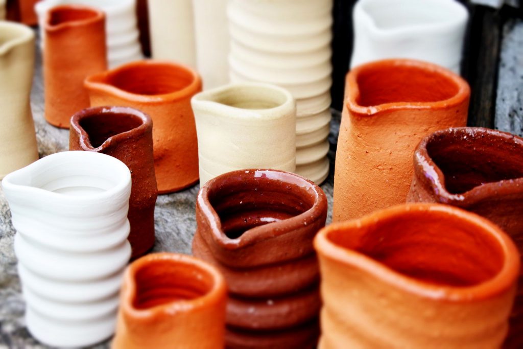 terracotta and porcelain jugs by hereforshire maker jon williams displayed at the waterworks museum hereford