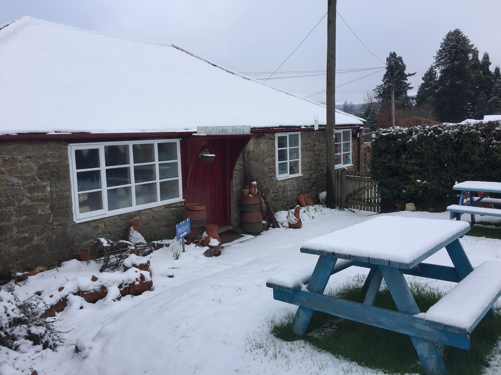 Eastnor Pottery in the snow the studio of artists jon williams and sarah monk