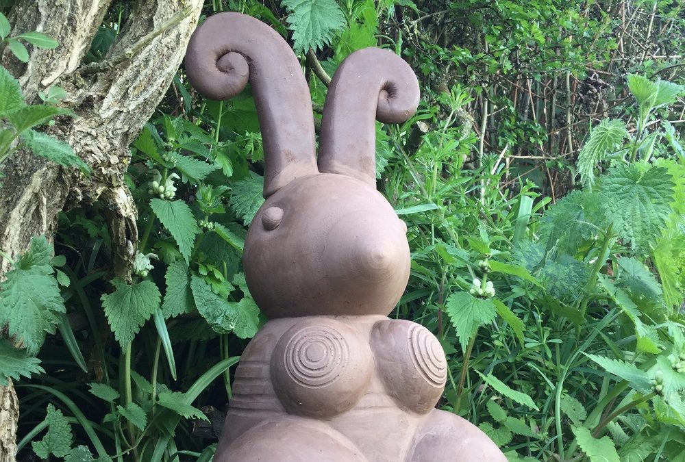 pottery rabbit made by jon williams for puzzle wood's easter pottery trail