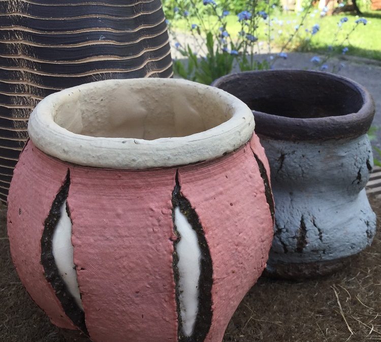 three thrown and altered brick clay pots by herefordshire artist jon williams