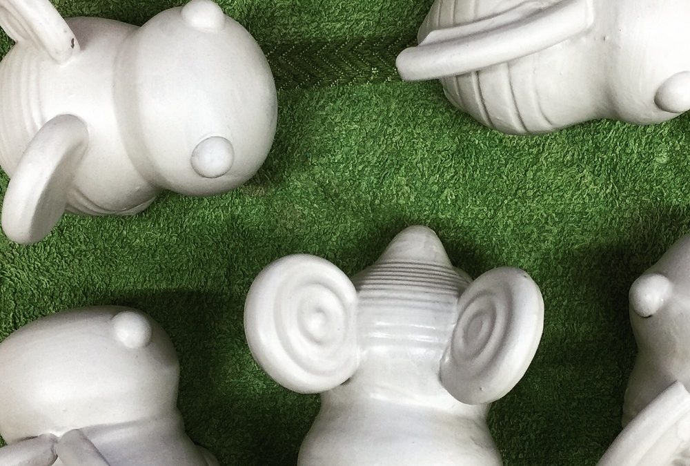freshly made white bee rattles drying at eastnor pottery the studio of artist potter jon williams